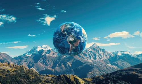 An Earth globe set against a mountain backdrop with a clear blue sky AI generated
