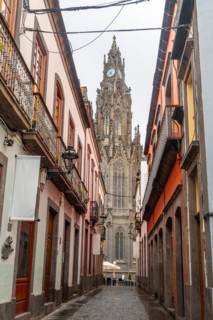 Beautiful street next to the Church of San Juan Bautista, Arucas Cathedral, Gran Canaria, Spain,