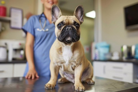 French Bulldog dog at vet. Sitting on examination table at veterinary practice clinic. KI