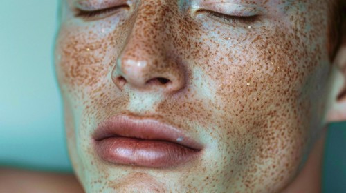 Close-up of a peaceful caucasian male with freckles and natural complexion, blurry teal turquoise