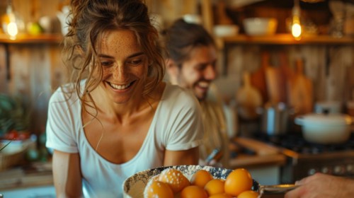 A woman with freckles joyfully handing over a bowl of eggs with a man in the background, AI