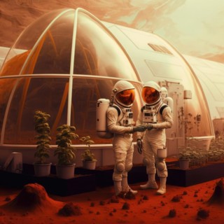 Hydroponic greenhouses installed on mars. Future vision of human colonization on other planets.