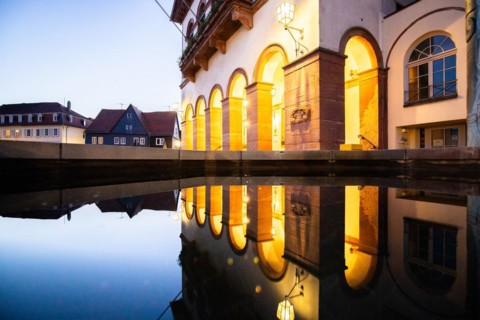 View of an old town, half-timbered houses and streets in a town. Seligenstadt am Main, Hesse