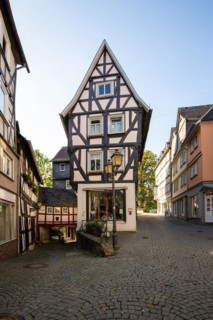 Old half-timbered houses in a town. Streets and buildings in the morning in Wetzlar, Hesse Germany