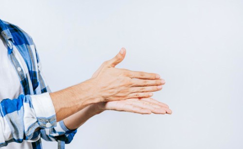 Hands gesturing STOP in sign language. Close up of hands gesturing STOP in sign language