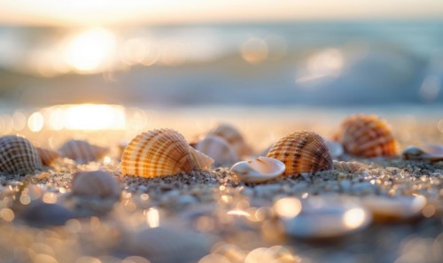 Close-up of seashells scattered along the sandy shore AI generated