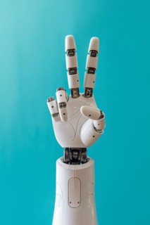 Artificial intelligence robot hand showing peace sign. KI generiert, generiert, AI generated
