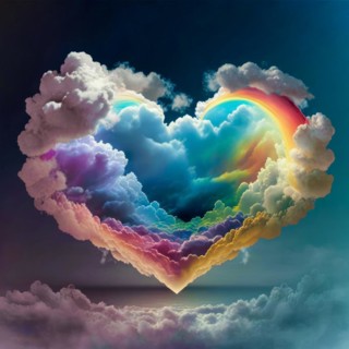 Huge rainbow heart in the sky with white clouds. Symbolic image of love. Generative AI image, AI