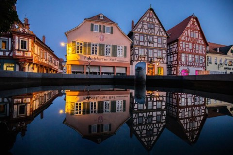 View of an old town, half-timbered houses and streets in a town. Seligenstadt am Main, Hesse