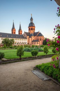 View of an old town, half-timbered houses and streets in a town. Seligenstadt am Main, Hesse