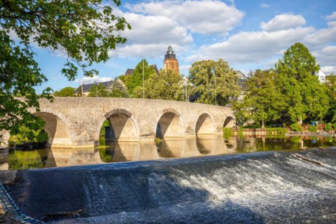 View of an old town, half-timbered houses in a town. Streets and bridges at the river Lahn in the