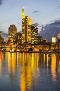 Skyline and banking district after sunset, twilight, Tower 185, Commerzbank, HelaBa, Hessische