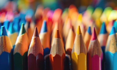 Close-up of a bunch of colored pencils, abstract background with colored pencils macro view AI