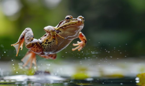 Close-up of Rana arvalis in mid-jump AI generated