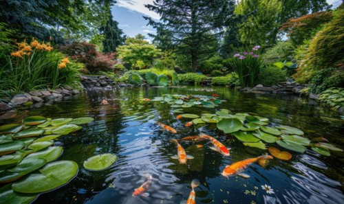 A garden pond adorned with koi fish swimming among water lilies and lush greenery AI generated