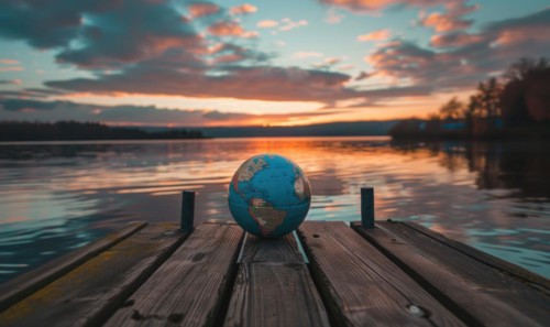 An Earth globe placed on a wooden dock overlooking a calm lake with a picturesque sky AI generated