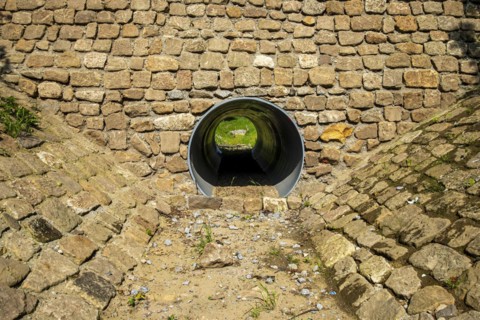 Dry, stone-built canal and continuous canal pipe, Pillnitz, Dresden, Saxony, Germany, Europe