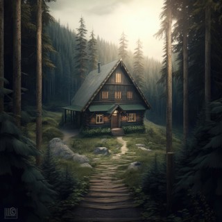 Serene scene of a cozy wooden cabin amidst a foggy, mystical forest, AI generated