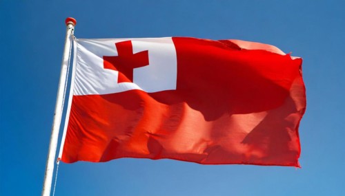 The flag of Tonga, fluttering in the wind, isolated, against the blue sky