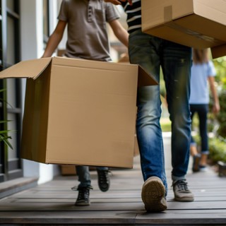 A family carries apartment relocation boxes together, apartment relocation, apartment relocation,