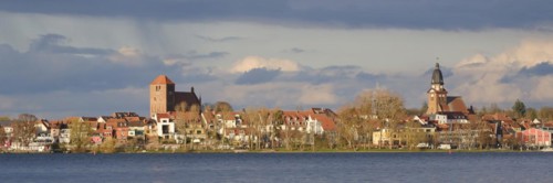 Town view Waren with church St. Georgen and church St. Marien, Mueritzsee, Waren, Mueritz,