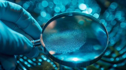Crime scene with investigator wearing surgical glove viewing A fingerprint through the glass of a