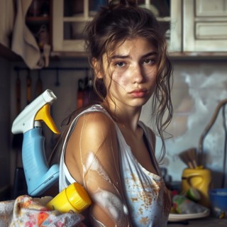 Exhausted young woman with cleaning utensils in a disorganised room, No desire to tidy up, AI