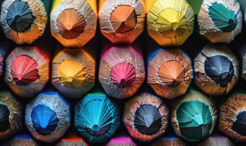 Close-up of a bunch of colored pencils, abstract background with colored pencils macro view AI
