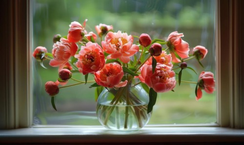 A vase filled with coral peonies on a windowsill AI generated