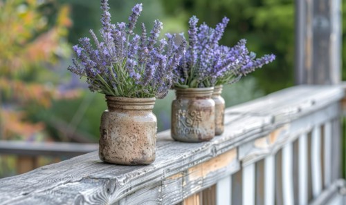 A weathered porch railing decorated with jars of lavender AI generated