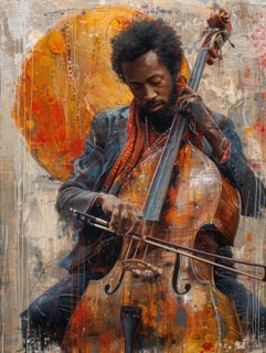 Textured artwork of a musician playing the cello with warm, expressive colors, AI Generated, AI
