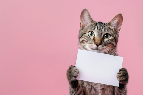 Tabby cat holding empty white sign in front of studio background. KI generiert, generiert, AI