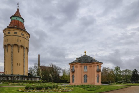 Historic water tower, C. Franz Brewery and Pagodenburg Castle, Murgpark, former residence of the