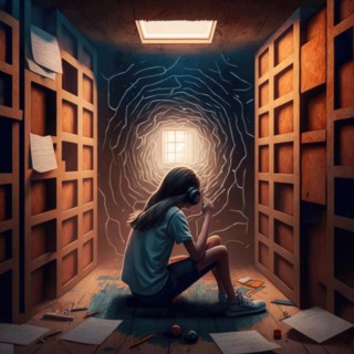 Girl sits in a surreal library, engrossed in music that transforms her surroundings, AI generated