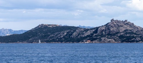 Sailing ship, Bear Rock of Palau, landmark for sailors, panoramic view, near Palau, Sardinia,