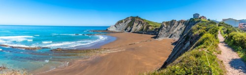 Panoramic of the Itzurun beach without people in the Flysch Basque Coast geopark in Zumaia,
