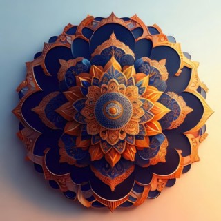 3D illustration of a mandala in orange and blue colors, AI generated