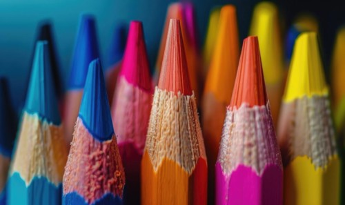 Close-up of a bunch of colored pencils, abstract background with colored pencils macro view AI