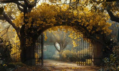 Laburnum tree branches forming an archway over a garden gate AI generated