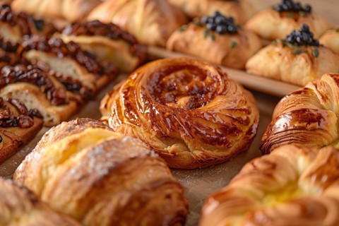 Close up of different baked pastries. KI generiert, generiert, AI generated