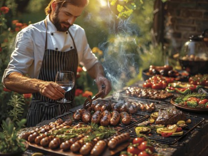Barbecue party, guests with glasses in their hands stand around a chef who is grilling sausages and