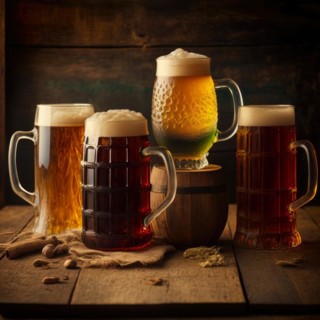 Pale, dark, unfiltered pale and red fruit beer in four different beer glasses on a rustic wooden