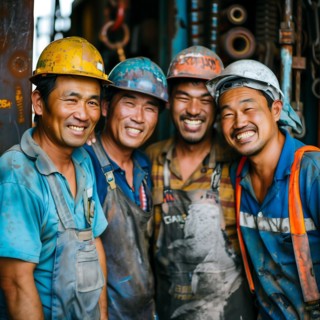 Cheerful workers in blue overalls laugh and enjoy the camaraderie, group photo with international