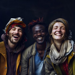 Hearty laughter and expressive joy among three friends in colourful clothes, group picture with