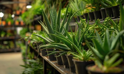 Aloe vera plants lining the shelves of a botanical shop AI generated