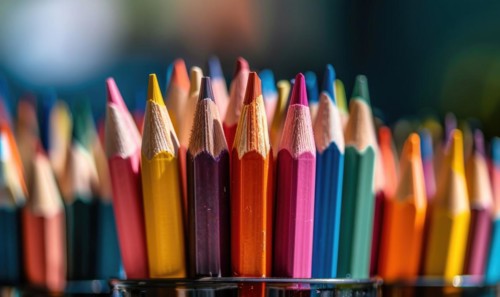 Close-up of a bunch of colored pencils, abstract background with colored pencils macro view AI