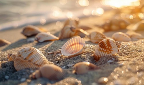 Close-up of seashells scattered along the sandy shore AI generated