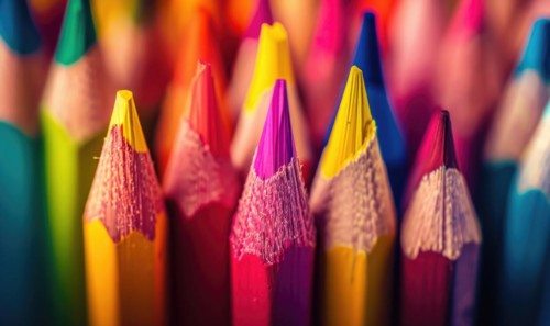 Close-up of a bunch of colored pencils, abstract background with colored pencils macro view AI