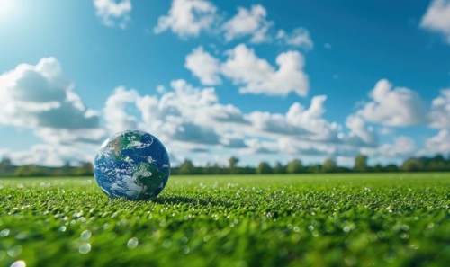 An Earth globe on a grassy meadow with bright blue sky as the backdrop AI generated