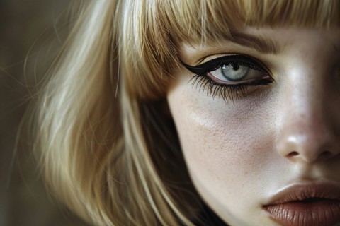 Portrait of young attractive woman with blond hair with bob hairstyle with bangs and and black eye